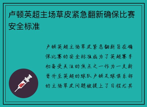 卢顿英超主场草皮紧急翻新确保比赛安全标准 卢顿英超主场草皮紧急翻新确保比赛安全标准